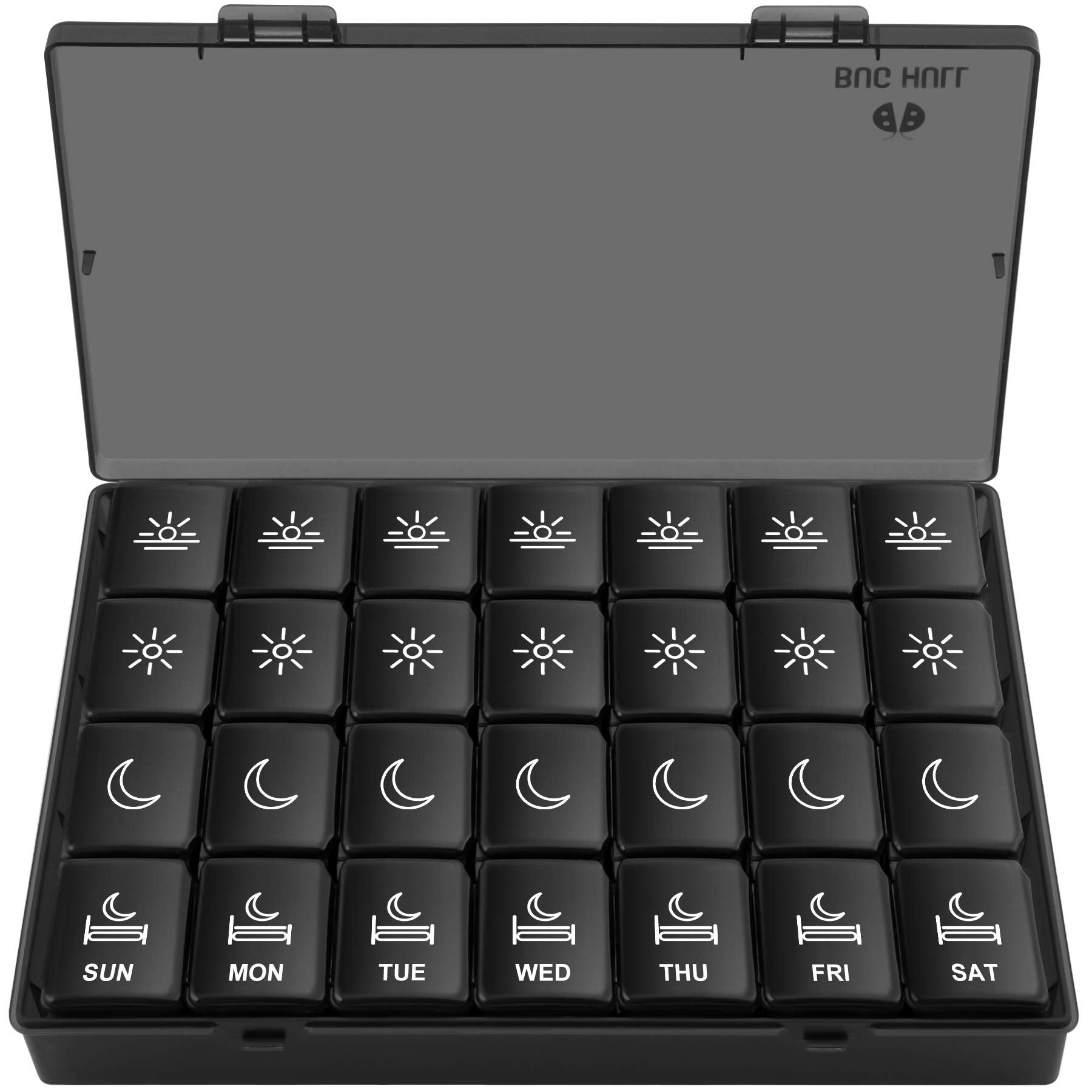 BUG HULL Organiseur XL montrant le plan 4 prises par jour, pratique pour les compléments.