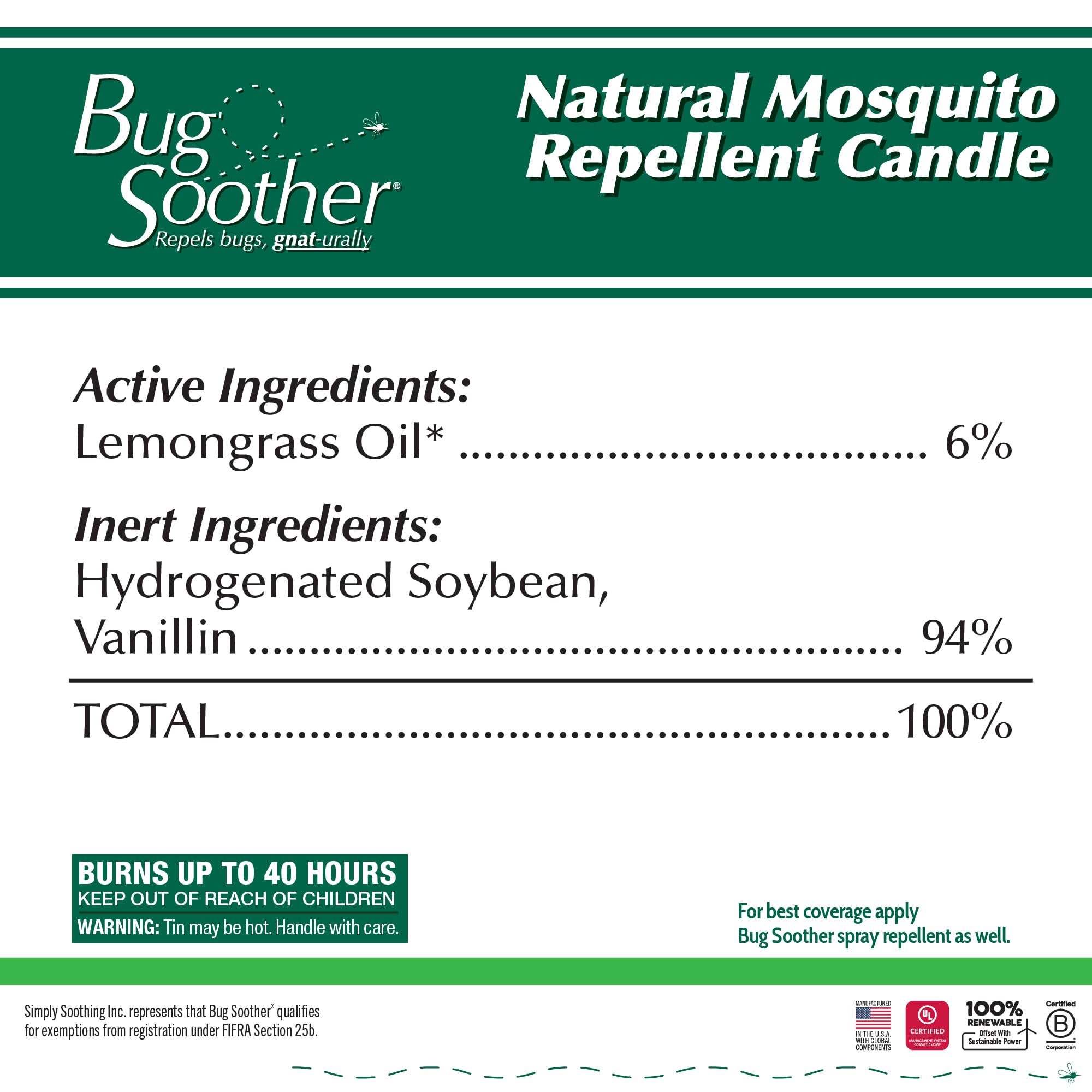 Bougie Bug Soother citronnelle-vanille cire soja, repousse nuisibles