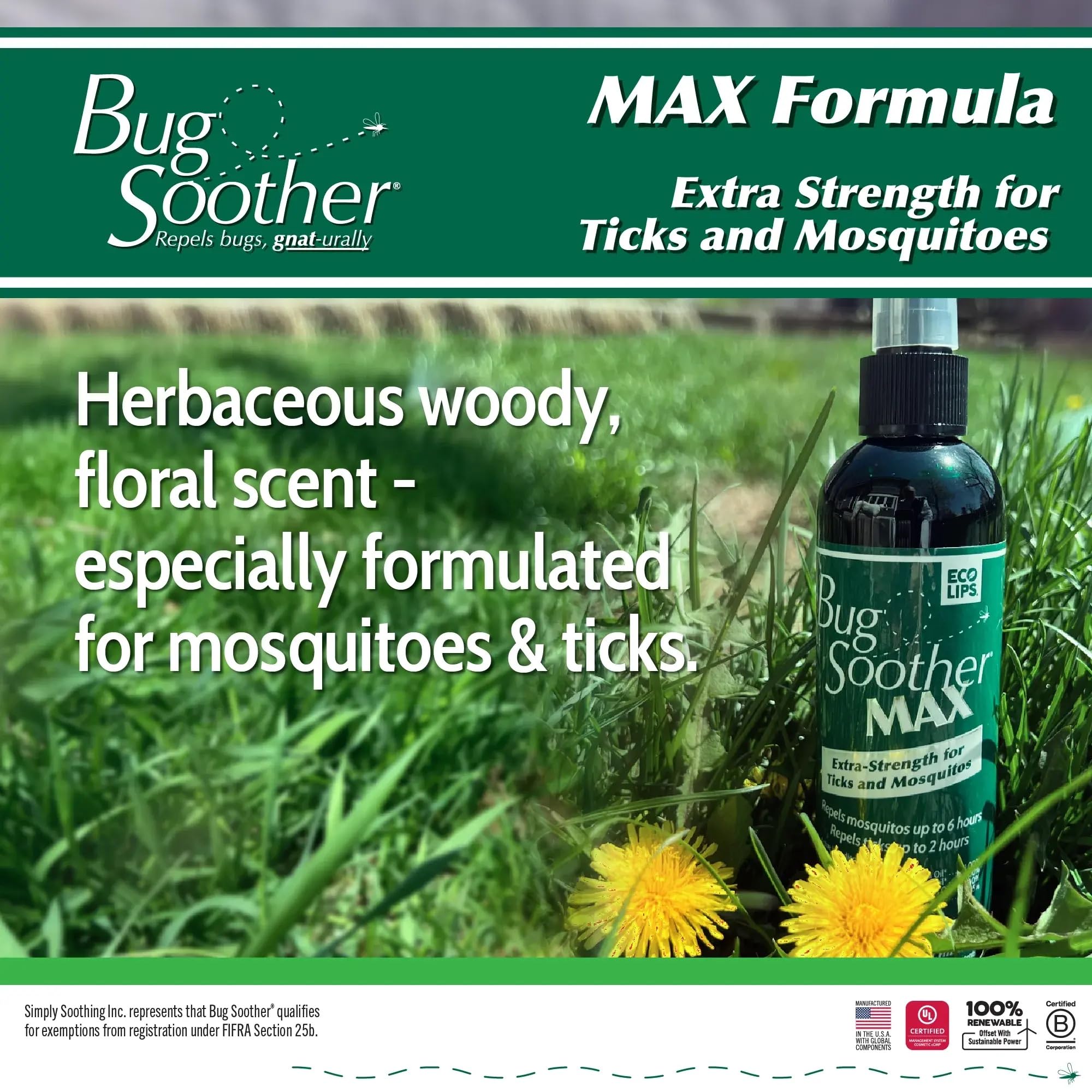Bug Soother MAX – étiquette huiles essentielles, parfum boisé et répulsif naturel.