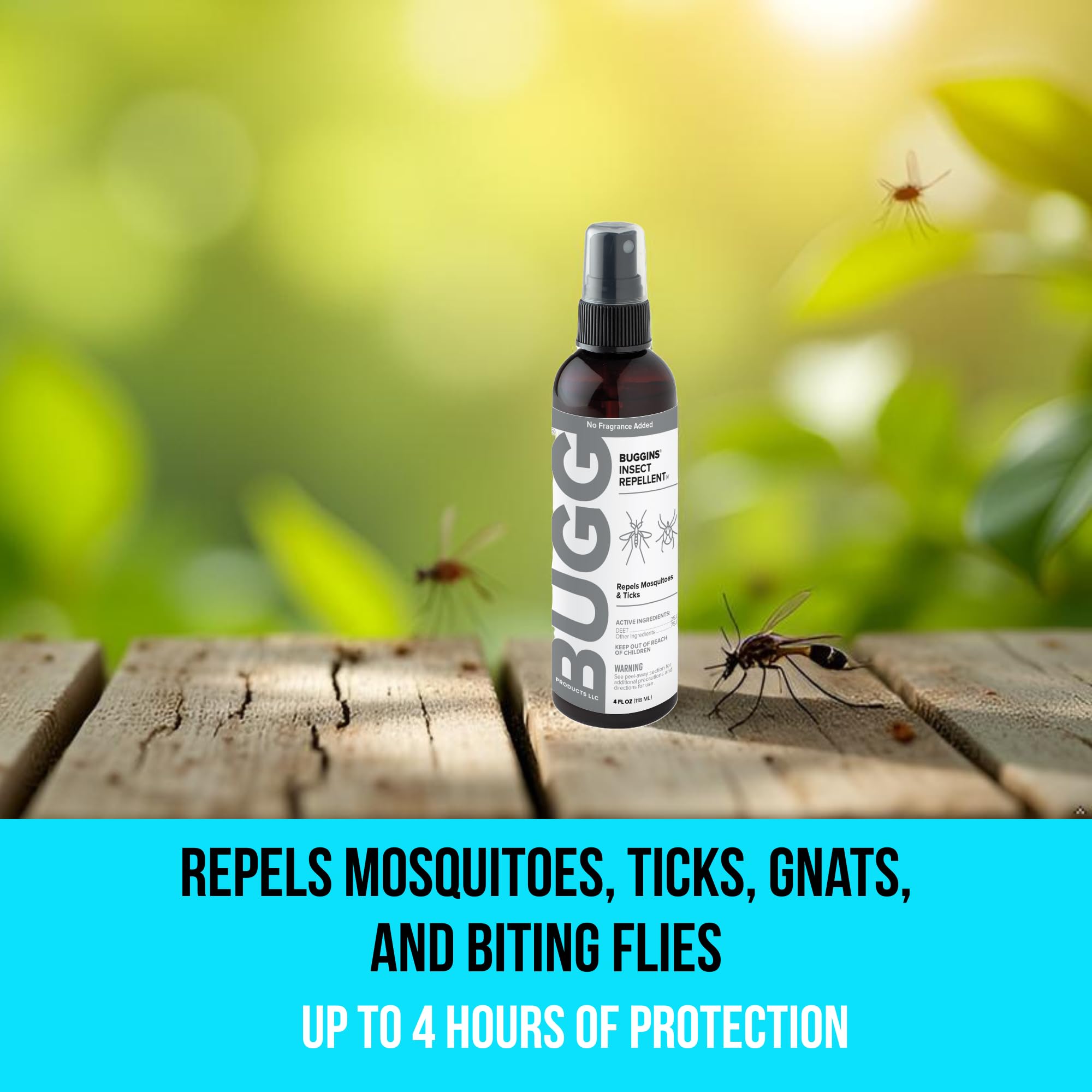 Répulsif Buggins IV, spray facile à appliquer sur peau et vêtements.