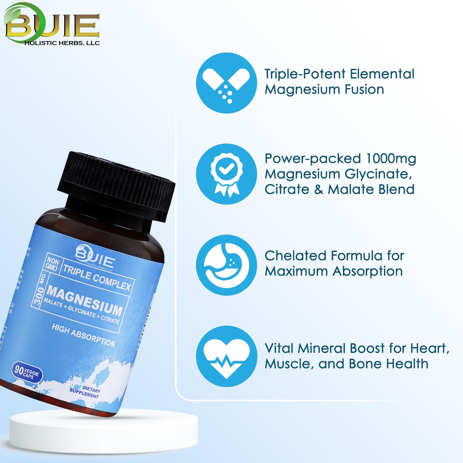 BUIE Magnésium Triple – capsules, absorption améliorée grâce à des formes chelatees.