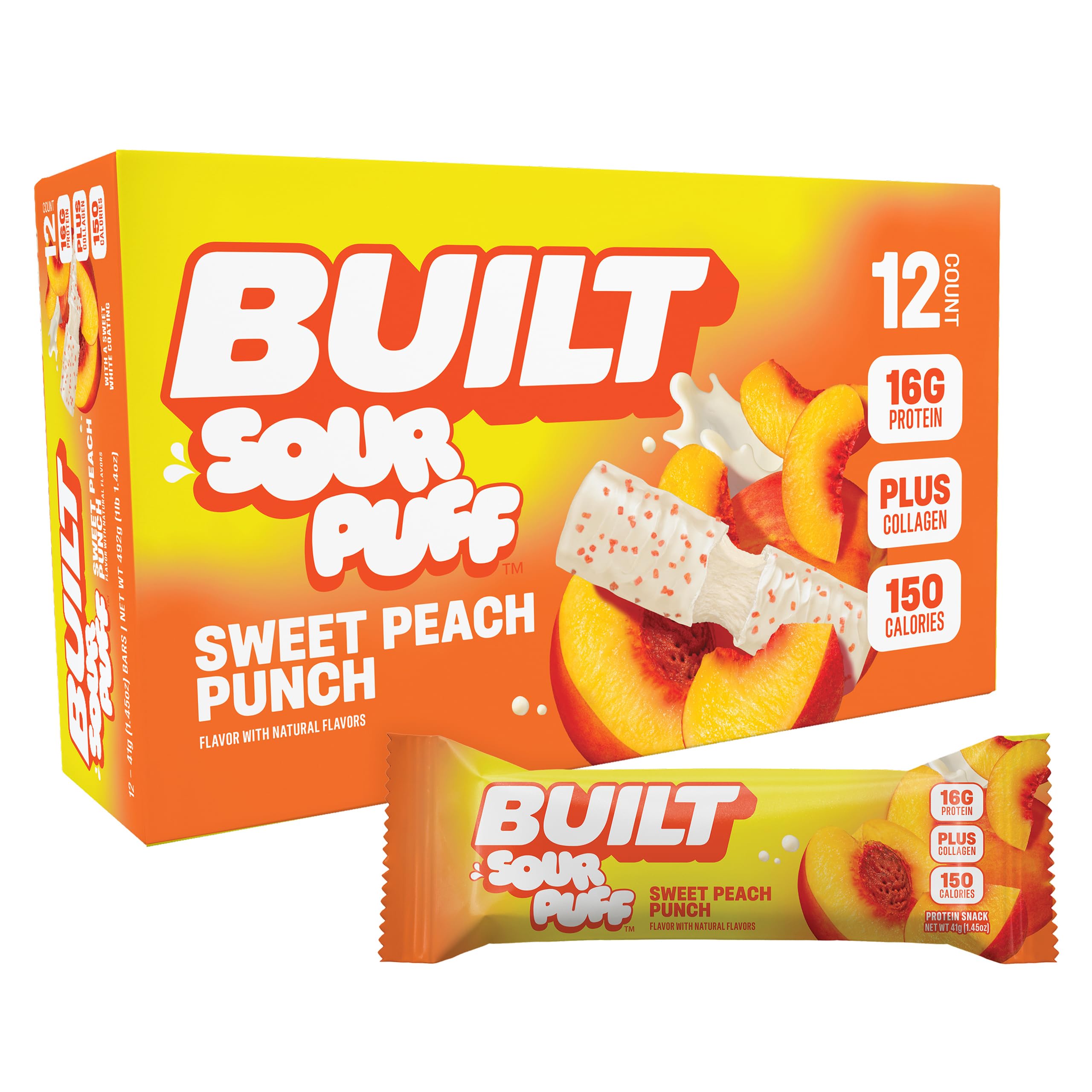 Barre Built Bar goût pêche acide avec texture mousseuse et enrobage sucré.