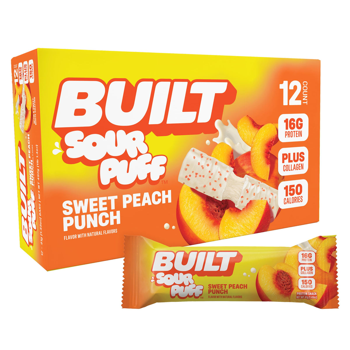 Barre Built Bar goût pêche acide avec texture mousseuse et enrobage sucré.