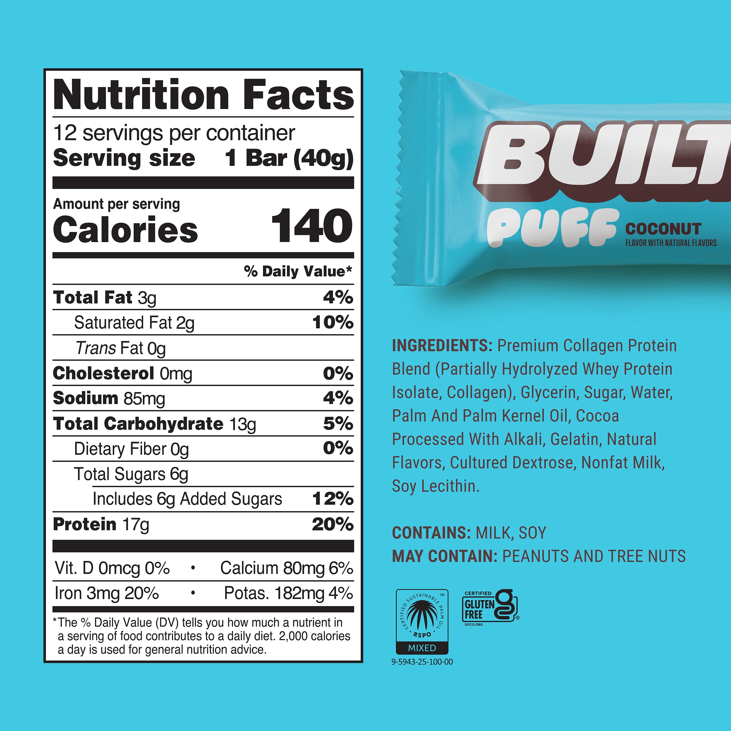 Barre Built Bar Puffs Coco prête à être consommée en déplacement.
