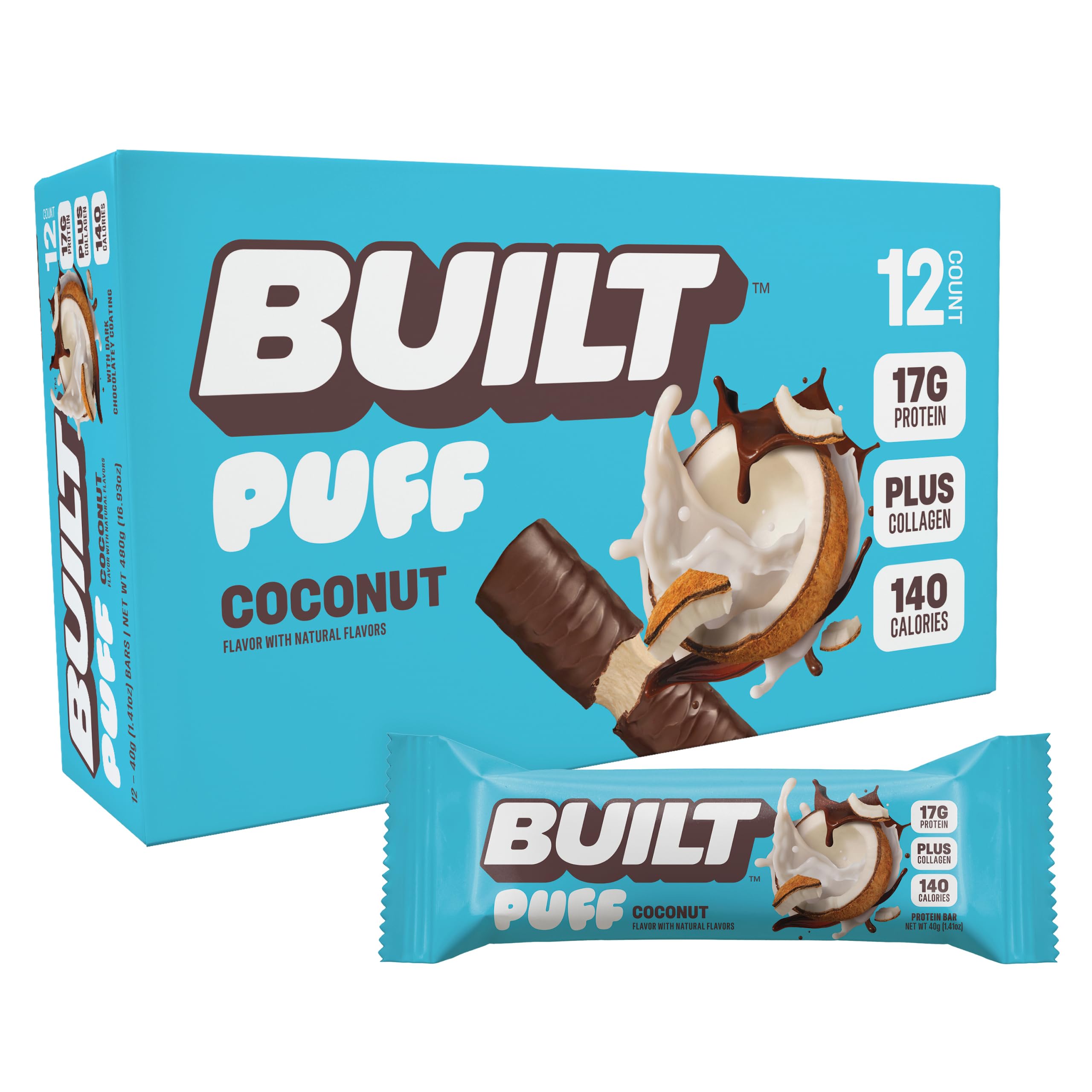 Barre Built Bar Puffs Coco, emballage pratique pour une collation rapide.