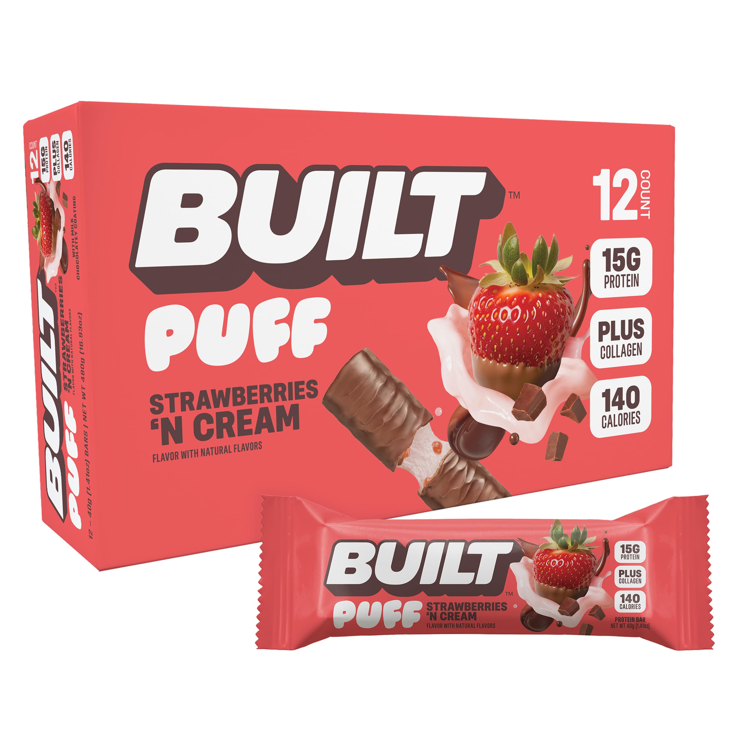 Built Bar Puffs fraise crème emballage, collation pratique et protéinée en déplacement