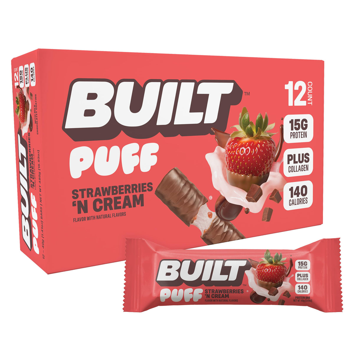 Built Bar Puffs fraise crème emballage, collation pratique et protéinée en déplacement