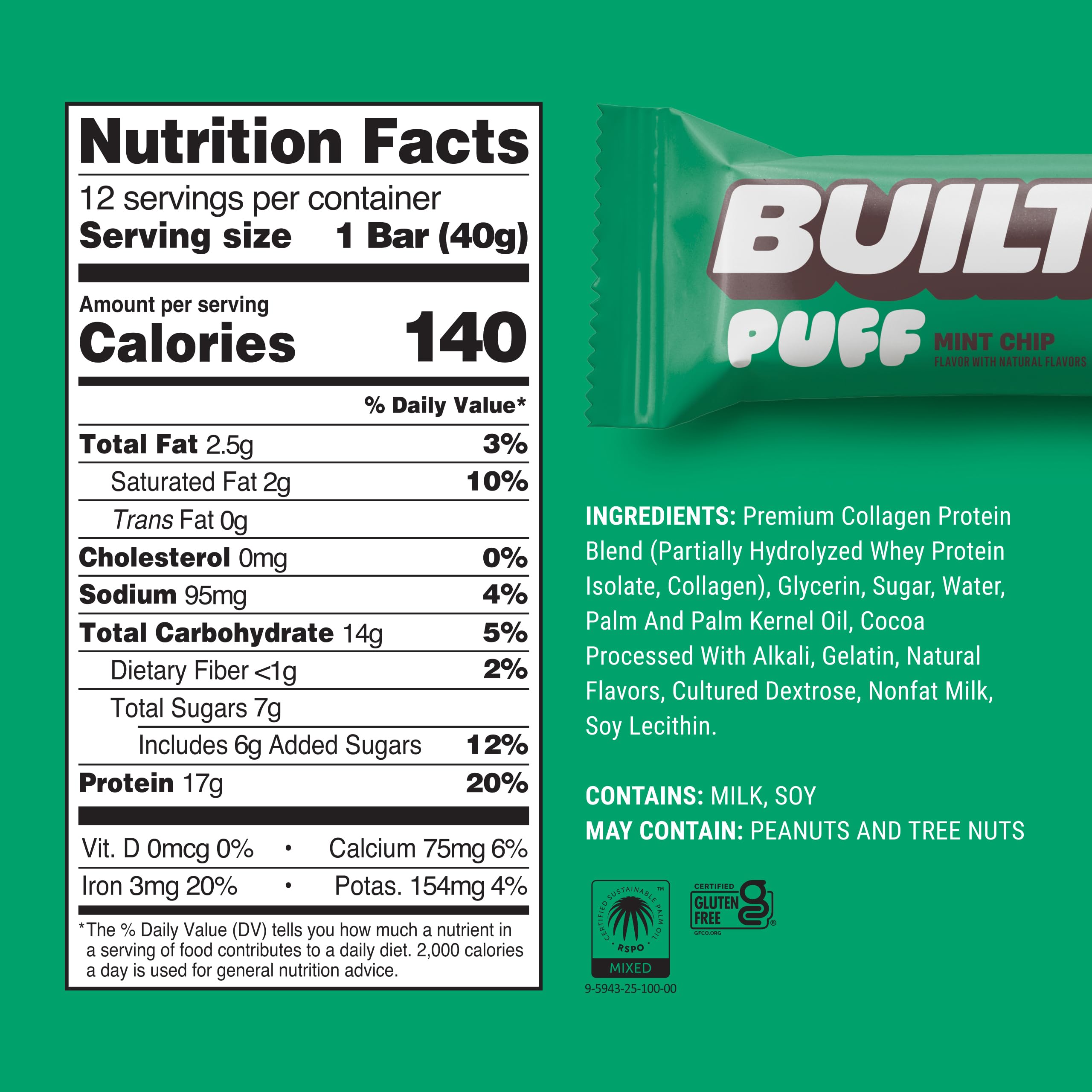 Built Bar Puffs Menthe-Chocolat barre protéinée prête à emporter.