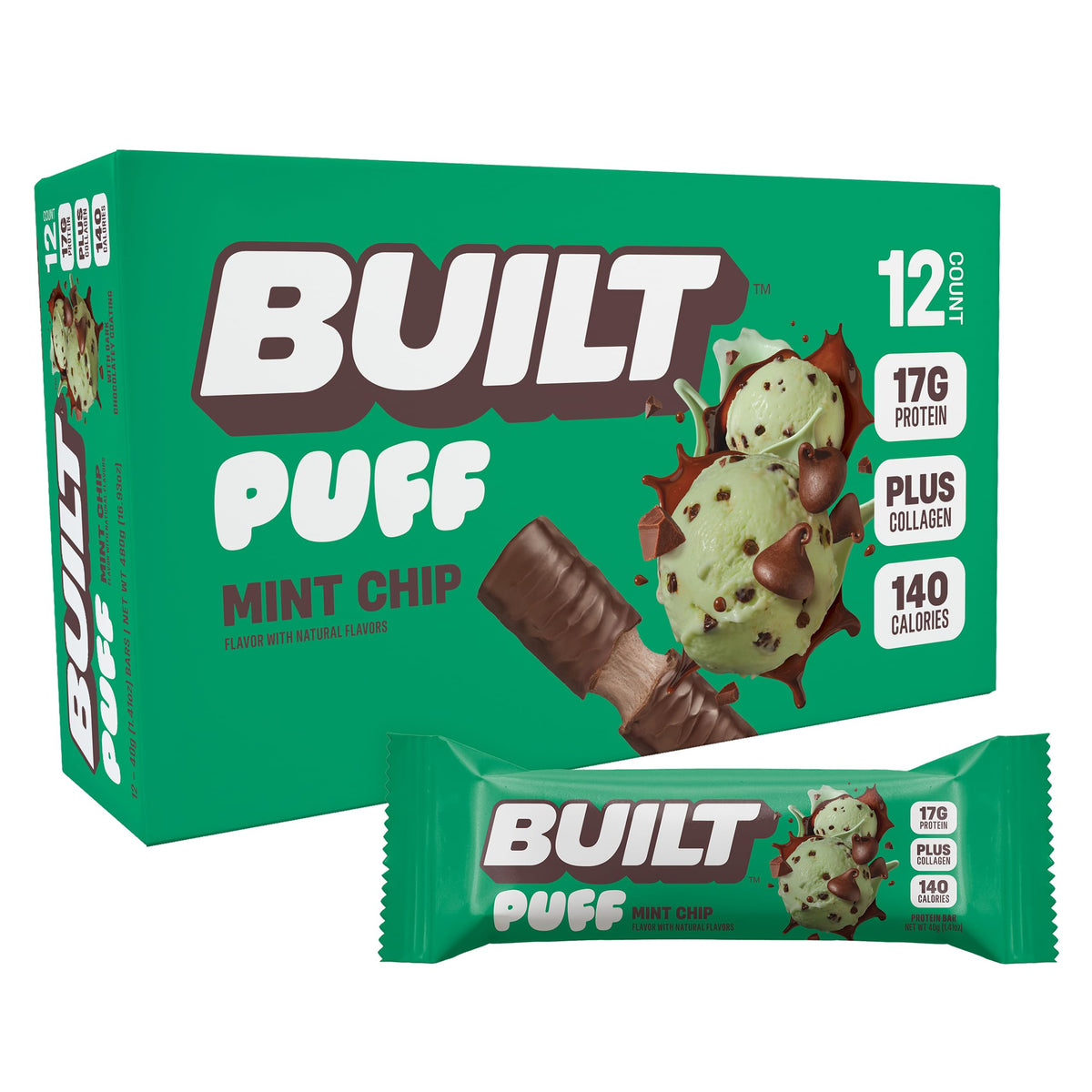 Built Bar Puffs Menthe-Chocolat emballage élégant pour une collation pratique.