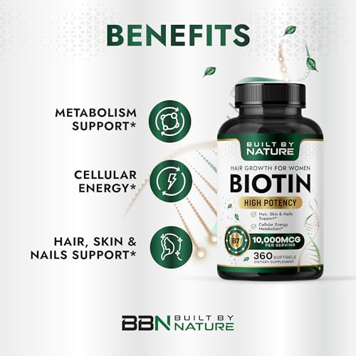 Biotine Built By Nature 10 000 mcg — capsules molles faciles à avaler.