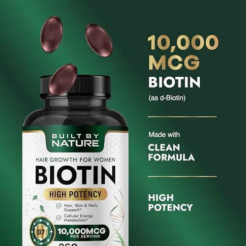 Étiquette claire sur la bouteille Built By Nature Biotine 10 000 mcg.