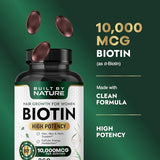 Étiquette claire sur la bouteille Built By Nature Biotine 10 000 mcg.