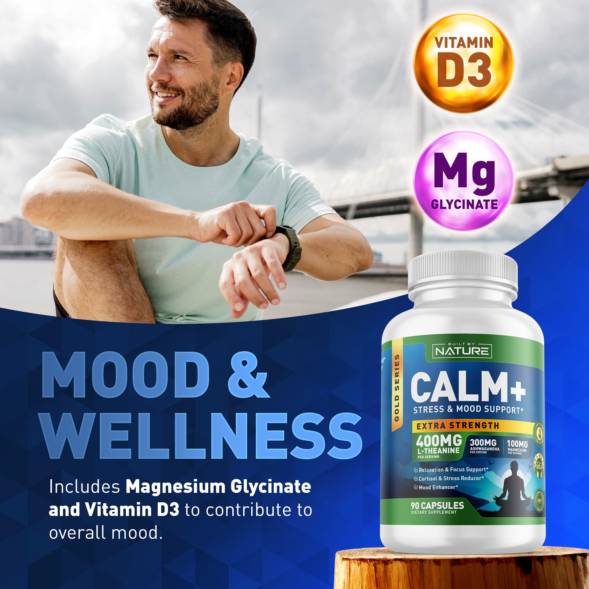 Built by Nature Calm+ – tableau-ingredients révèle les composants clés pour énergie et sérénité.