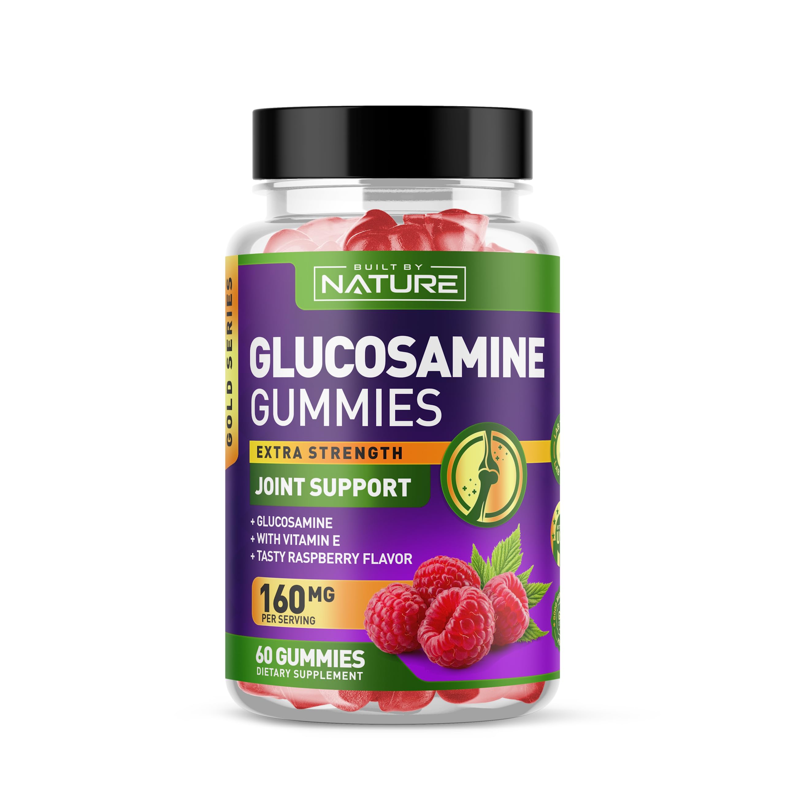 Built by Nature gommes framboise – flacon pratique pour le soutien quotidien des articulations.