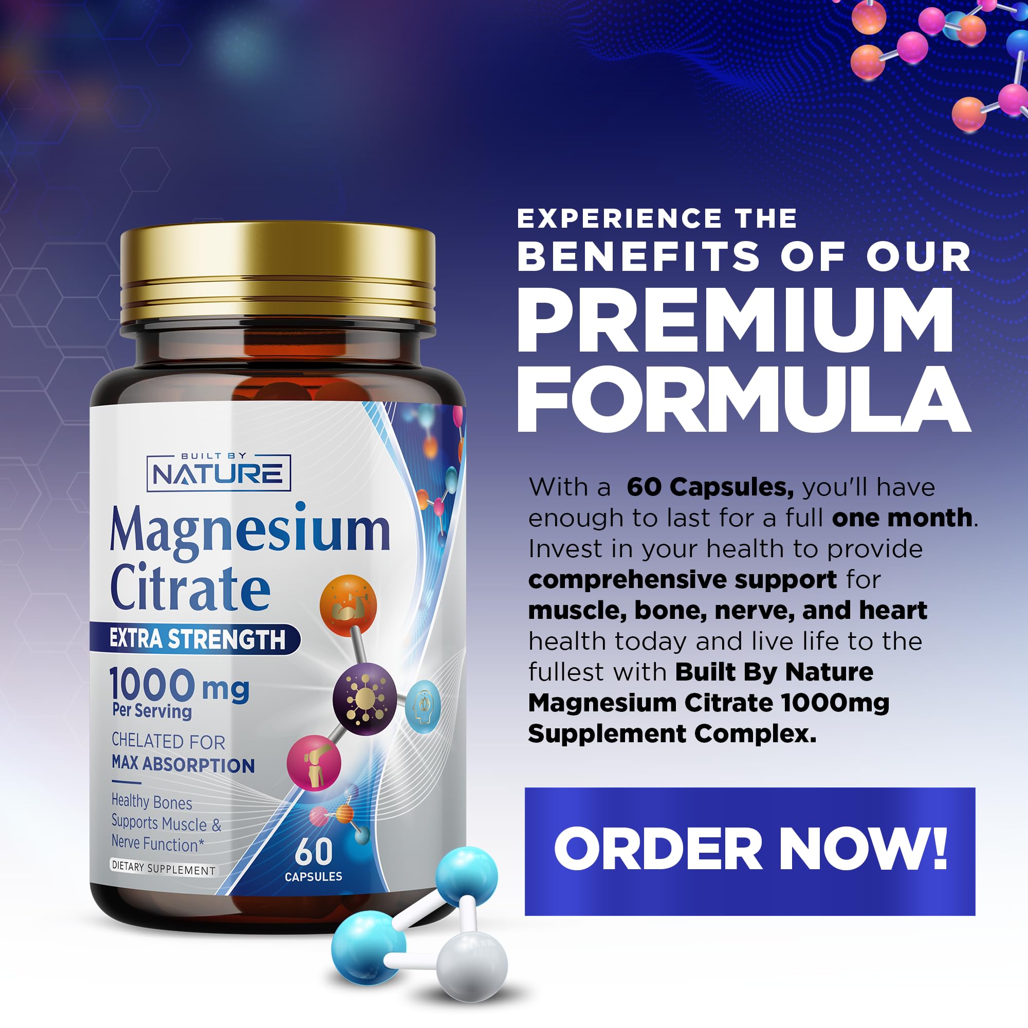 Built By Nature Magnésium Citrate 1000mg - bouteille ouverte invitant à l'usage régulier