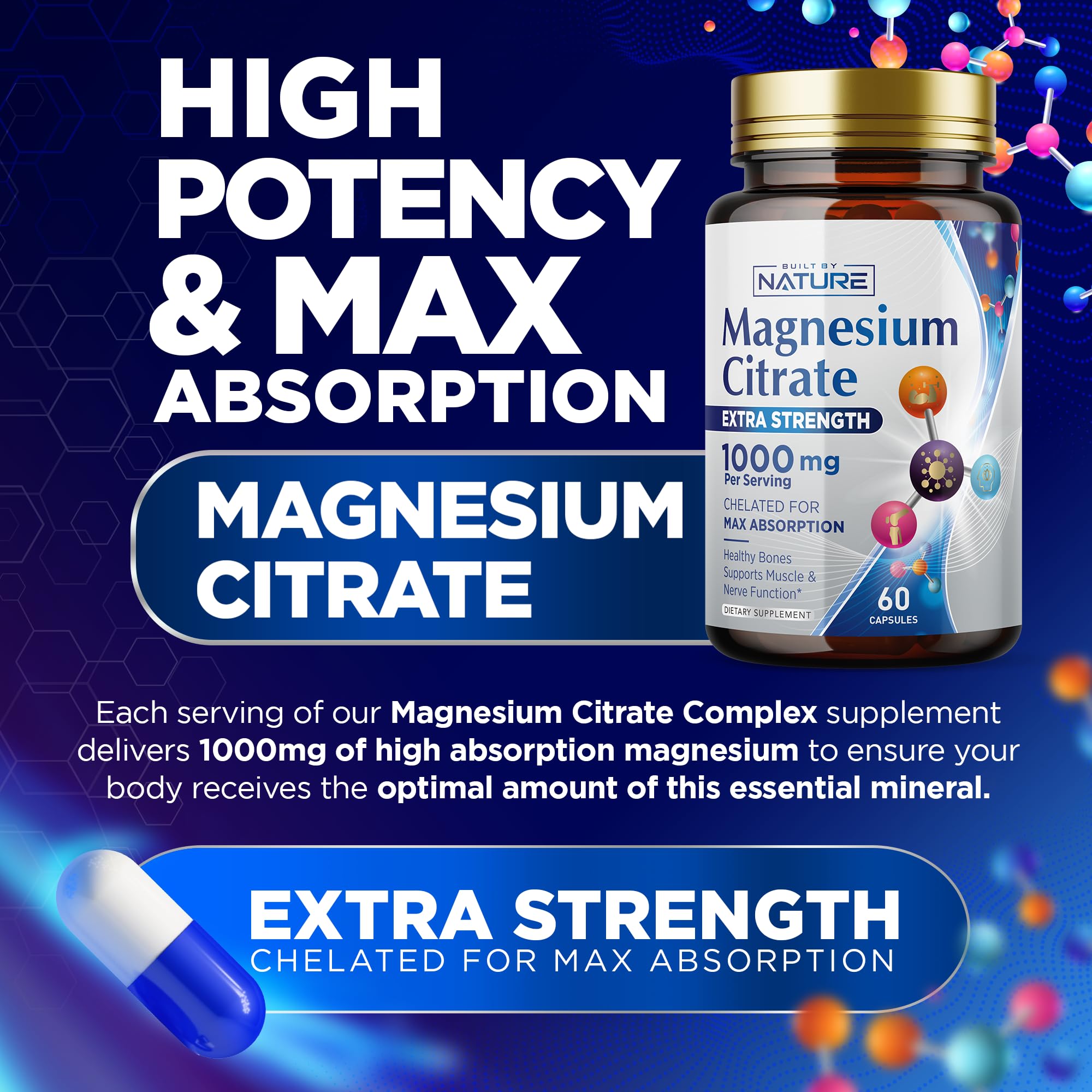 Built By Nature Magnésium Citrate 1000mg - capsules pour soutien musculaire potentiel