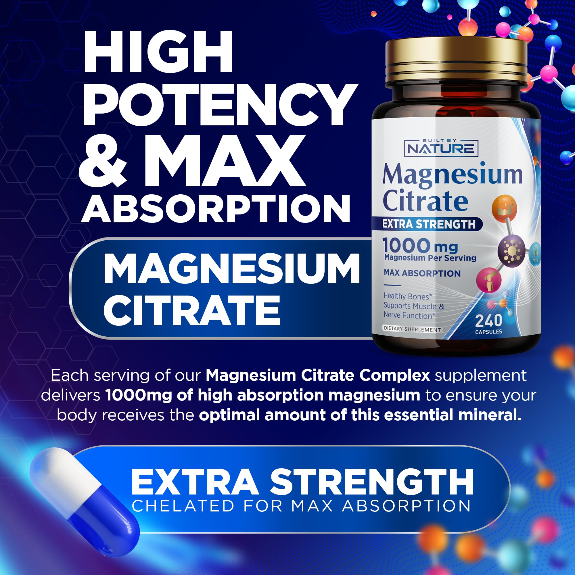 Built by Nature Magnésium Citrate 1000mg - capsules, ingestion facile pour le quotidien.