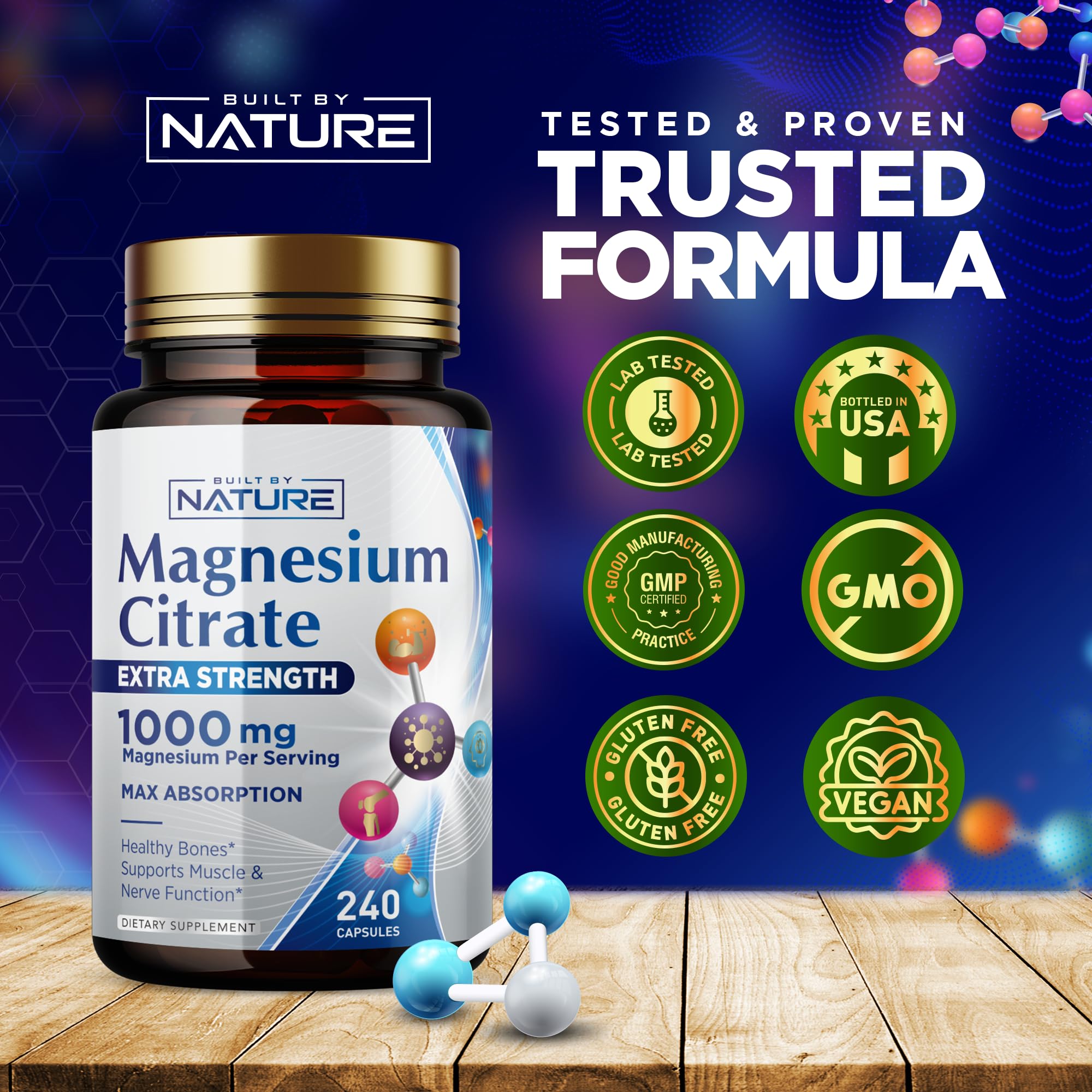 Built by Nature Magnésium Citrate 1000mg - certifications GMP rassurantes sur la fabrication.