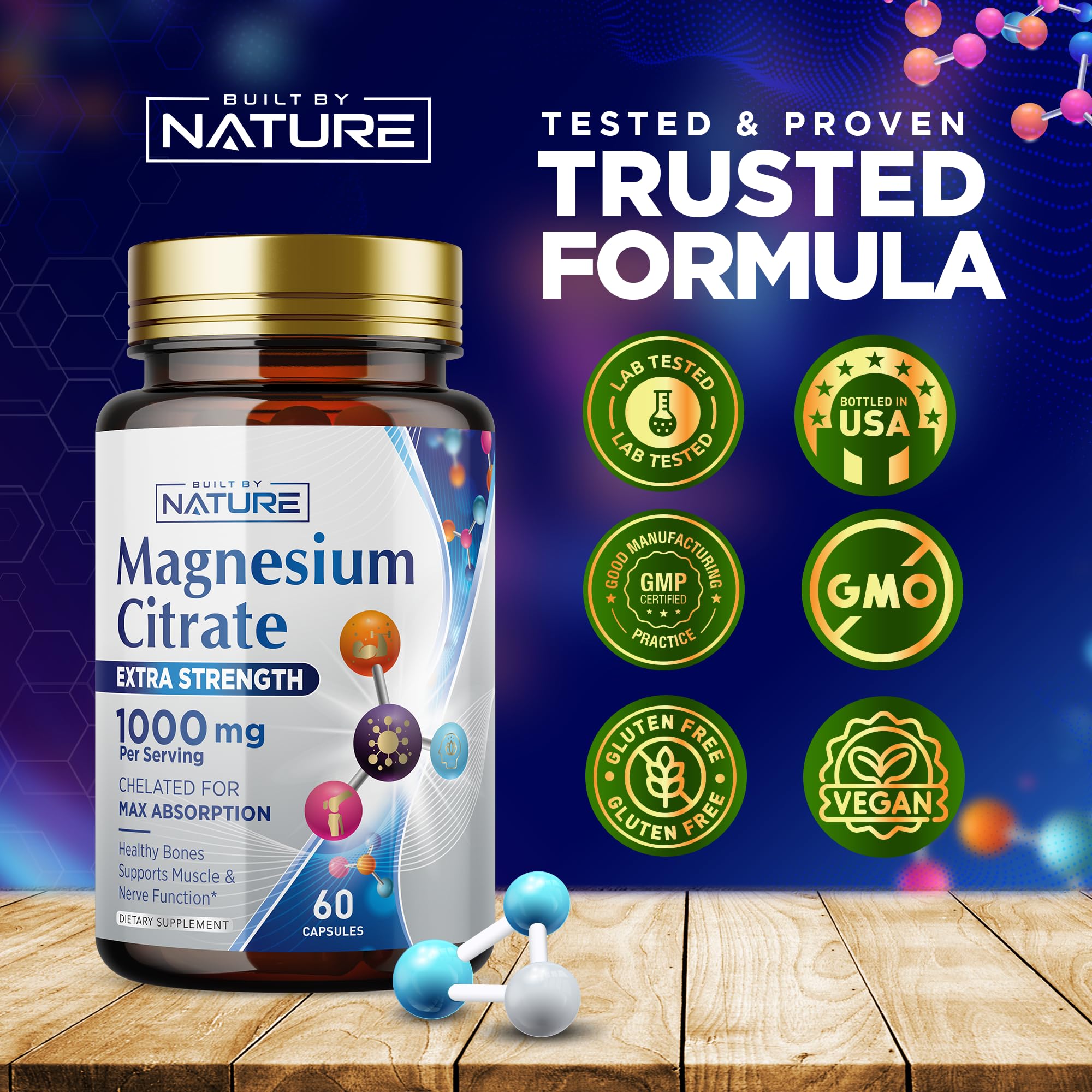 Built By Nature Magnésium Citrate 1000mg - close-up des capsules et texture agréable