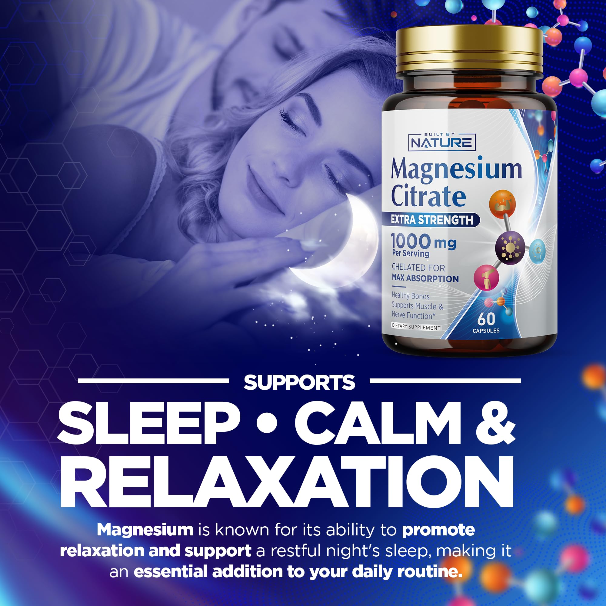 Built By Nature Magnésium Citrate 1000mg - dose quotidienne pratique pour routine bien-être