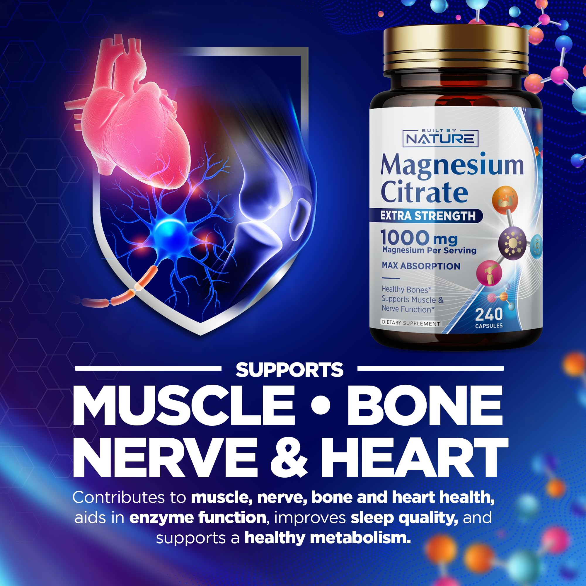 Built by Nature Magnésium Citrate 1000mg - emballage transparent, informations et garanties.