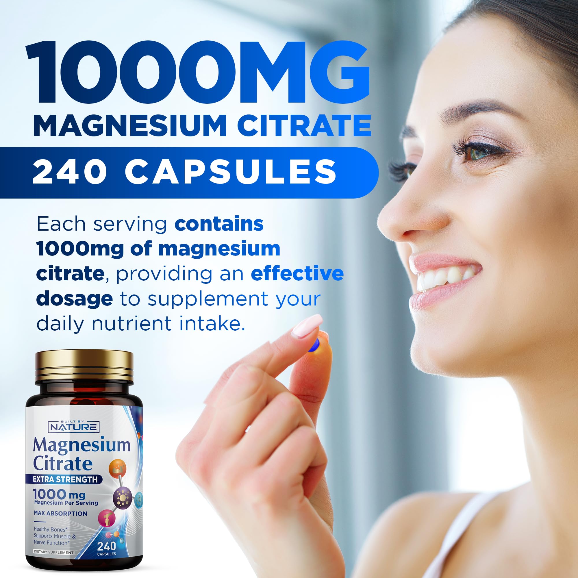 Built by Nature Magnésium Citrate 1000mg - etiquette lisible, conseils d'utilisation clairs.