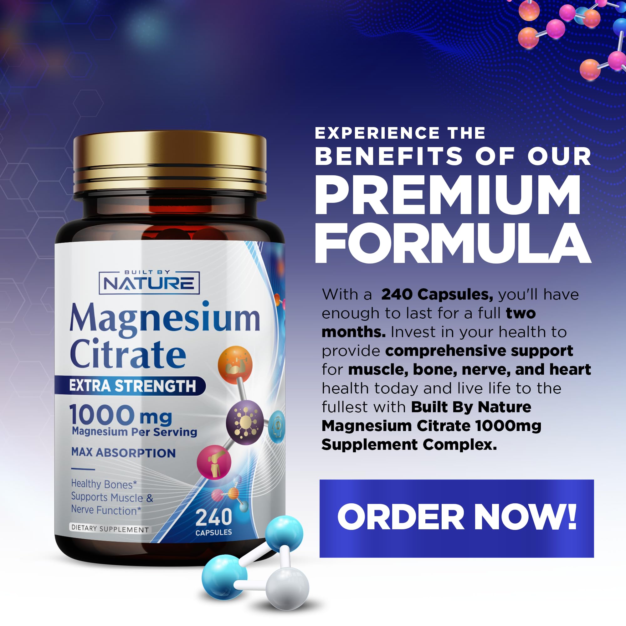 Built by Nature Magnésium Citrate 1000mg - quantité 120 capsules, format durable.