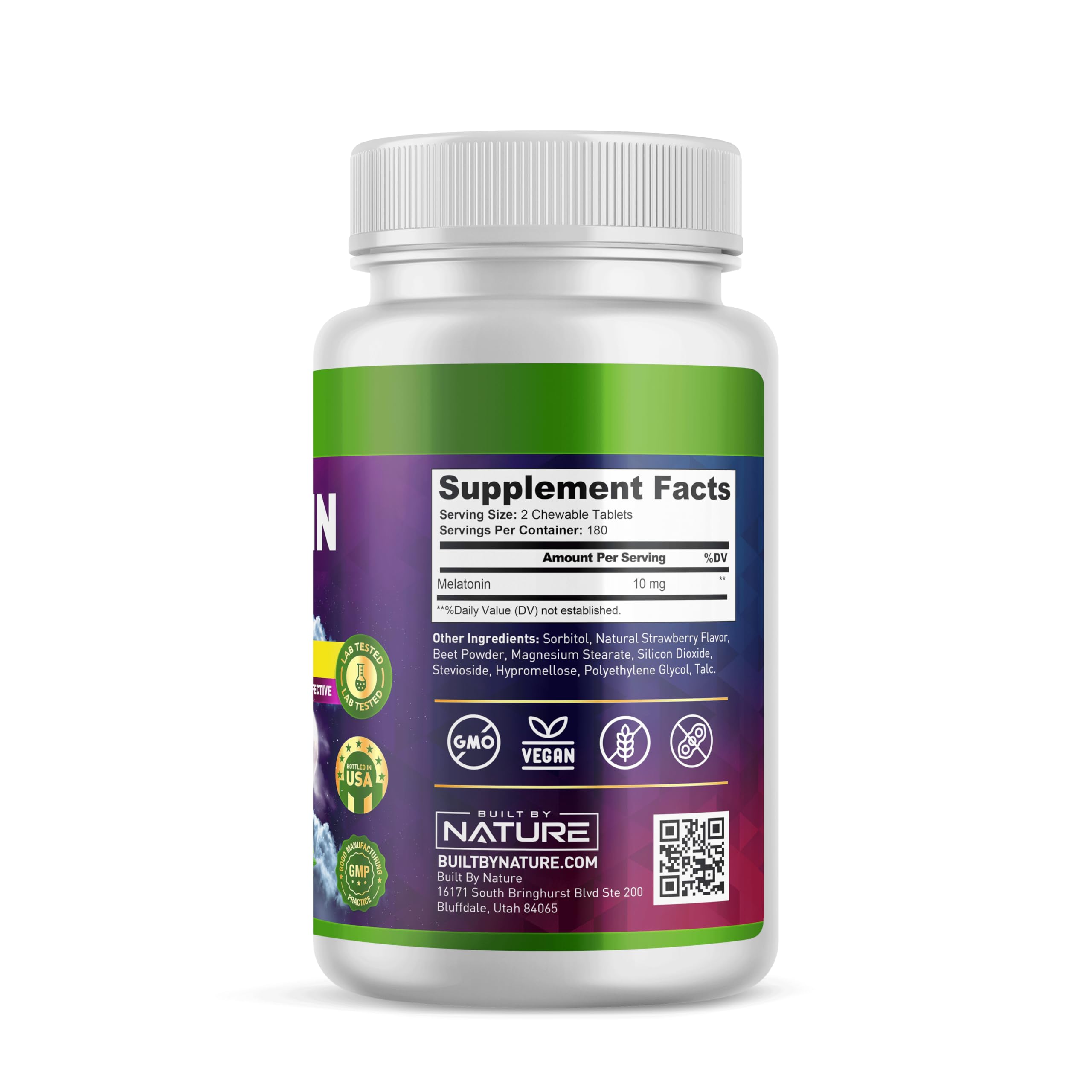 Tablette mélatonine 10 mg vegan et sans OGM par la marque Built by Nature, soutien du sommeil.