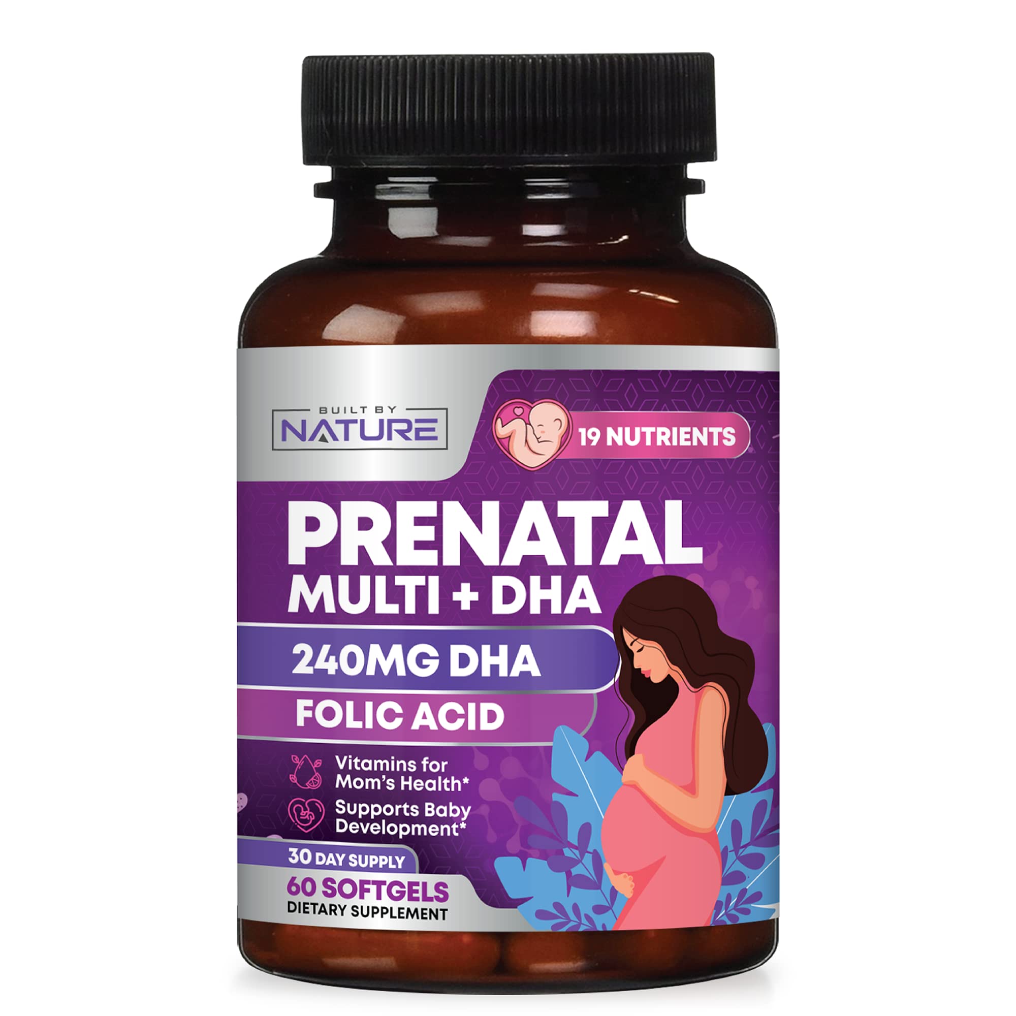 Flacon Prenatal Softgels Built by Nature sur table, pratique et accessible.