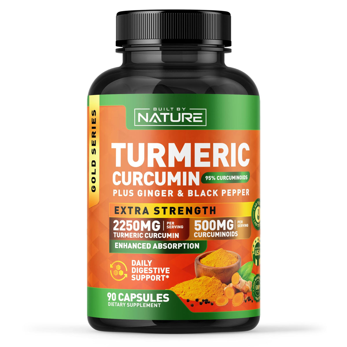 Gélules Built by Nature Turmeric Curcumin – capsules dorées pour le soutien articulaire.