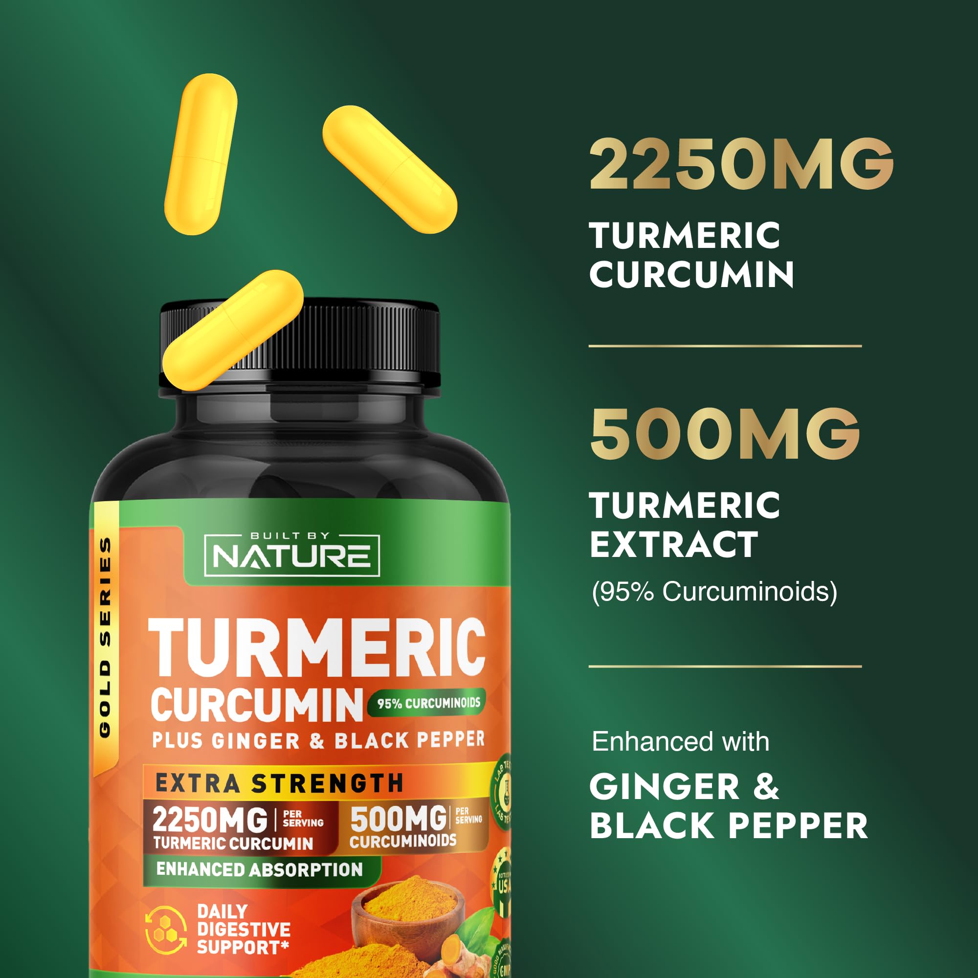Capsules Built by Nature Turmeric Curcumin avec 95% curcuminoïdes.