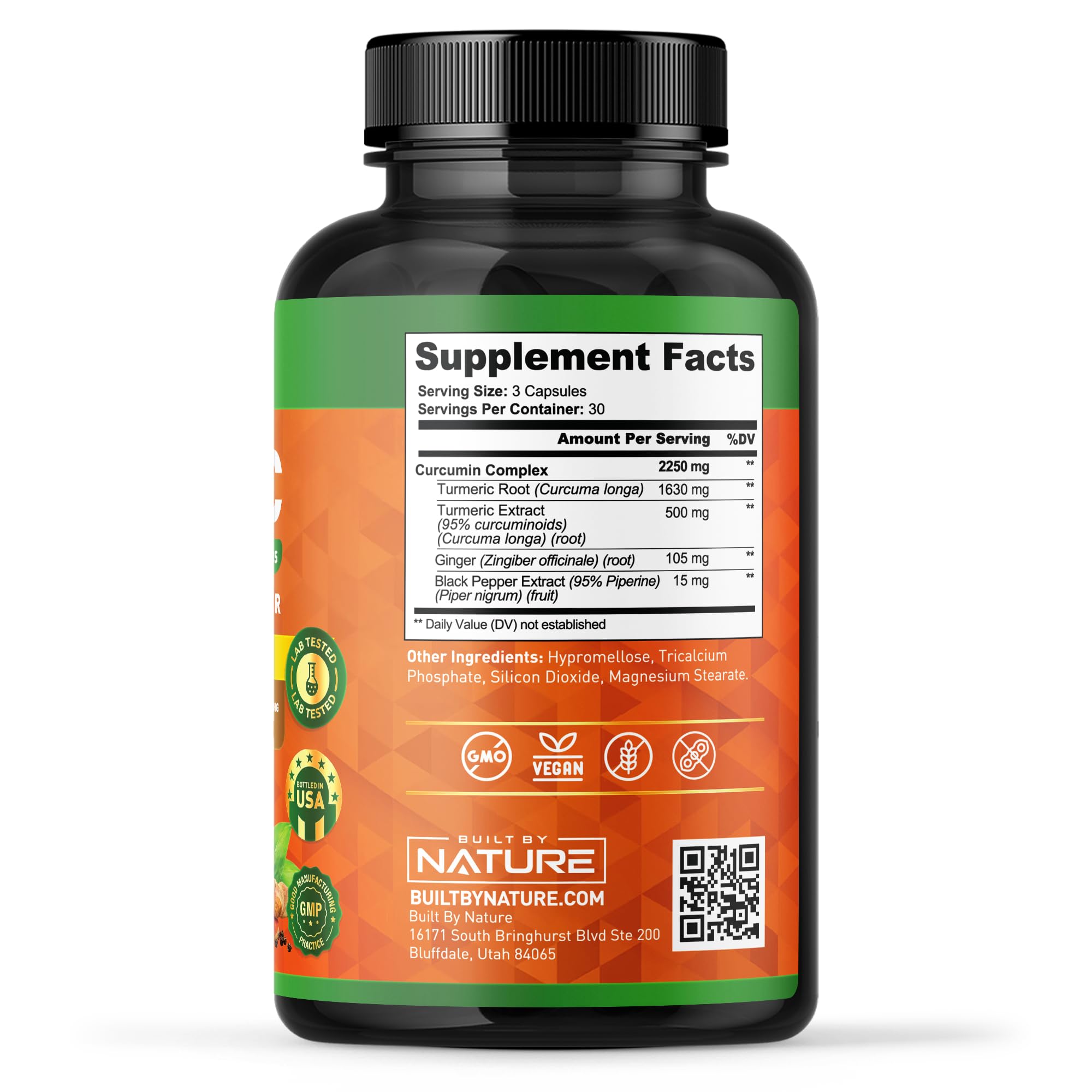 Ambiance naturelle sur flacon et étiquette Built by Nature Turmeric Curcumin.