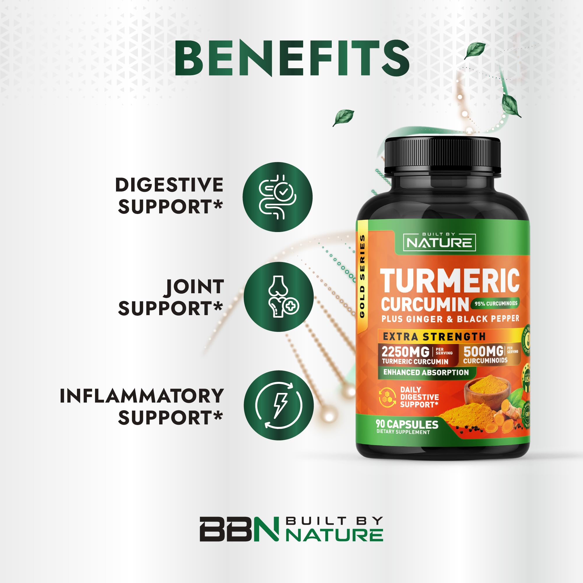 Flacon Built by Nature Turmeric Curcumin avec gingembre et poivre noir pour absorption améliorée.