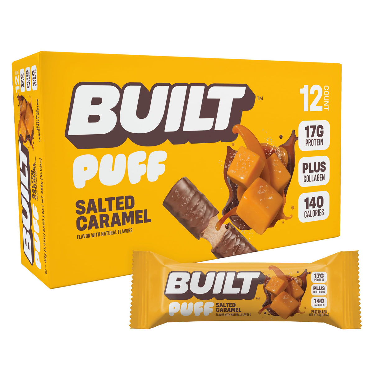 Built Bar Puffs Caramel Salé sur emballage, collation protéinée rapide