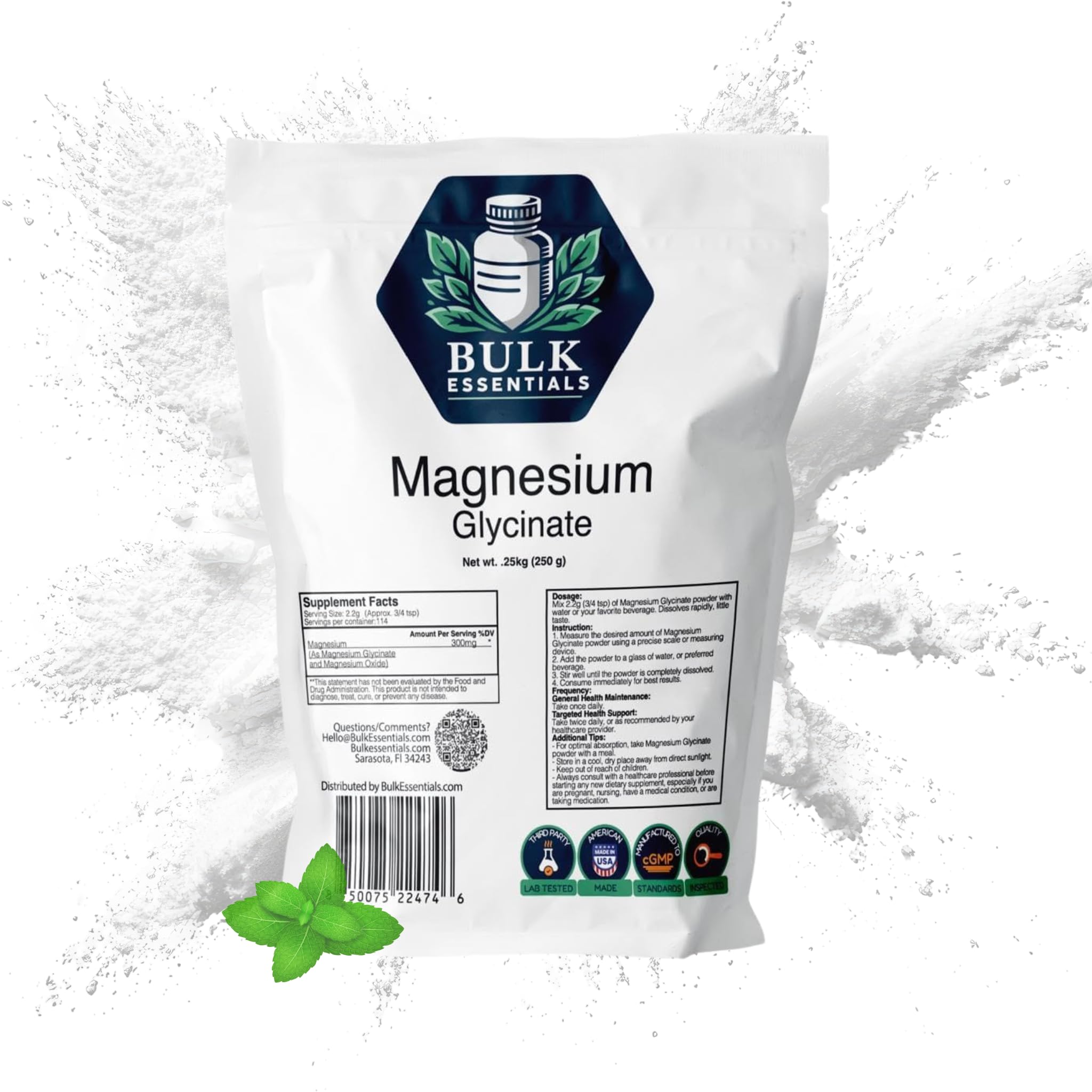 Bulk Essentials poudre magnésium glycinate, flacon, soutient relaxation et sommeil.