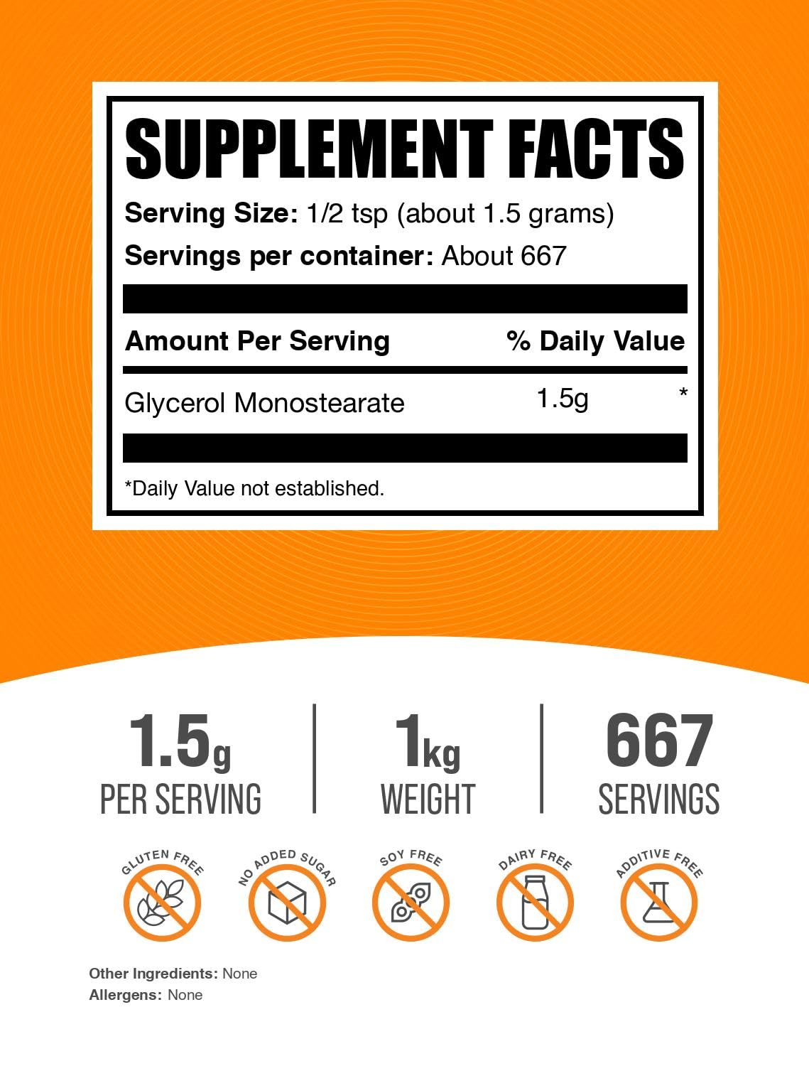 Glycérol Monostéarate BulkSupplements — doseuse incluse pour des portions faciles à mesurer.