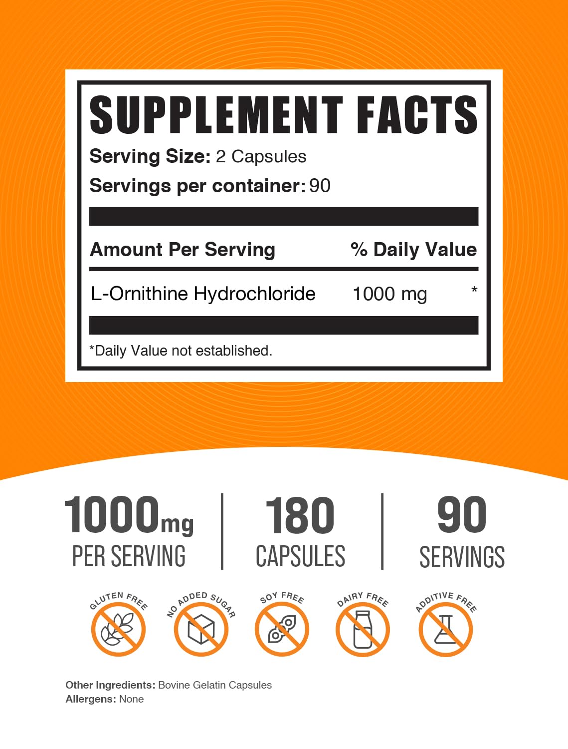 BulkSupplements L-Ornithine HCl, étiquette lisible, soutien potentiel à la récupération et à l endurence.