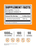 BulkSupplements L-Ornithine HCl, étiquette lisible, soutien potentiel à la récupération et à l endurence.
