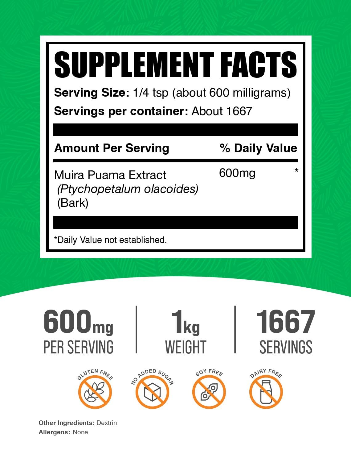 Muira Puama Poudre BulkSupplements boîte 1 kg pour dose simple