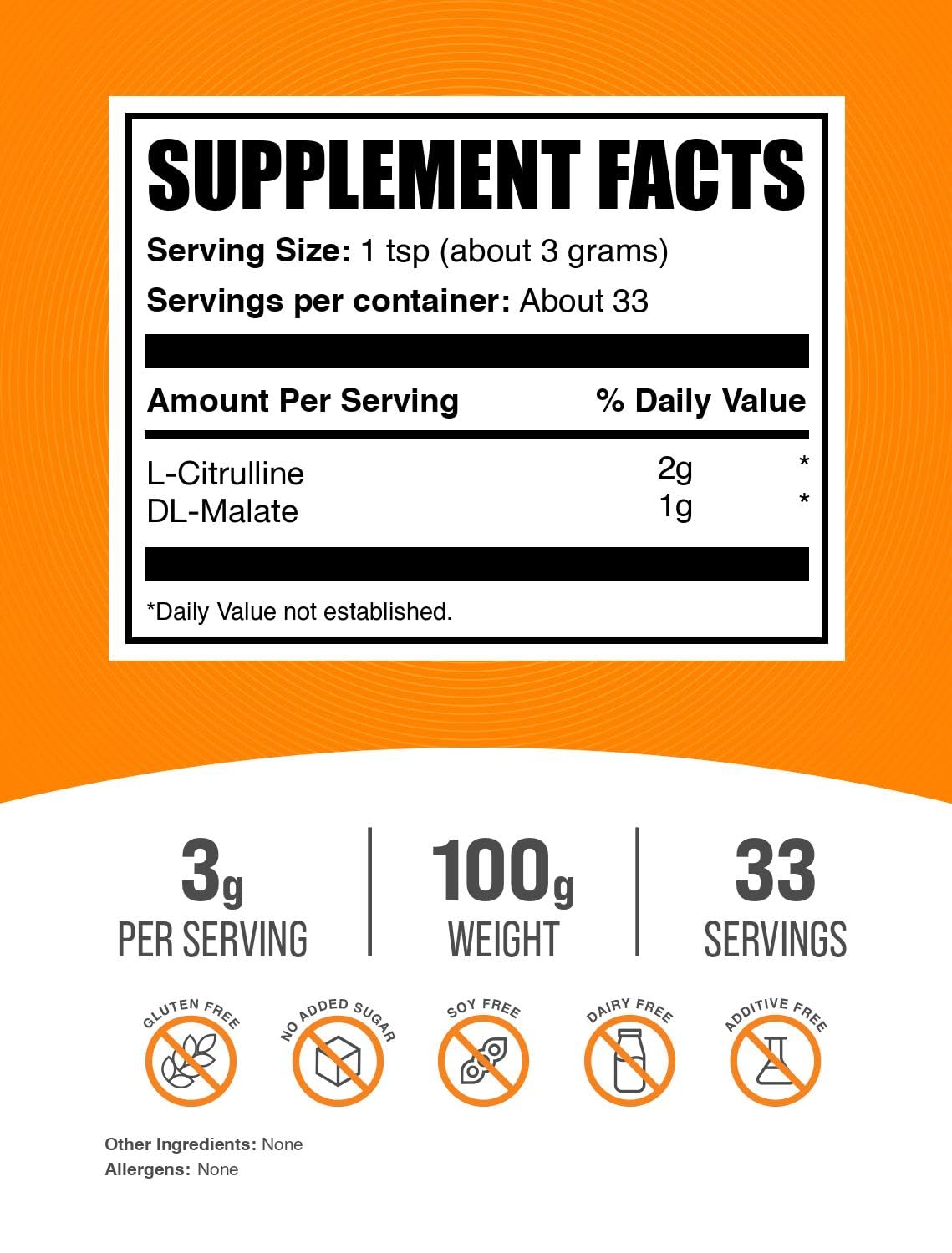 BulkSupplements Citrulline Malate 2:1, portion 3 g pour vos séances d'entraînement.