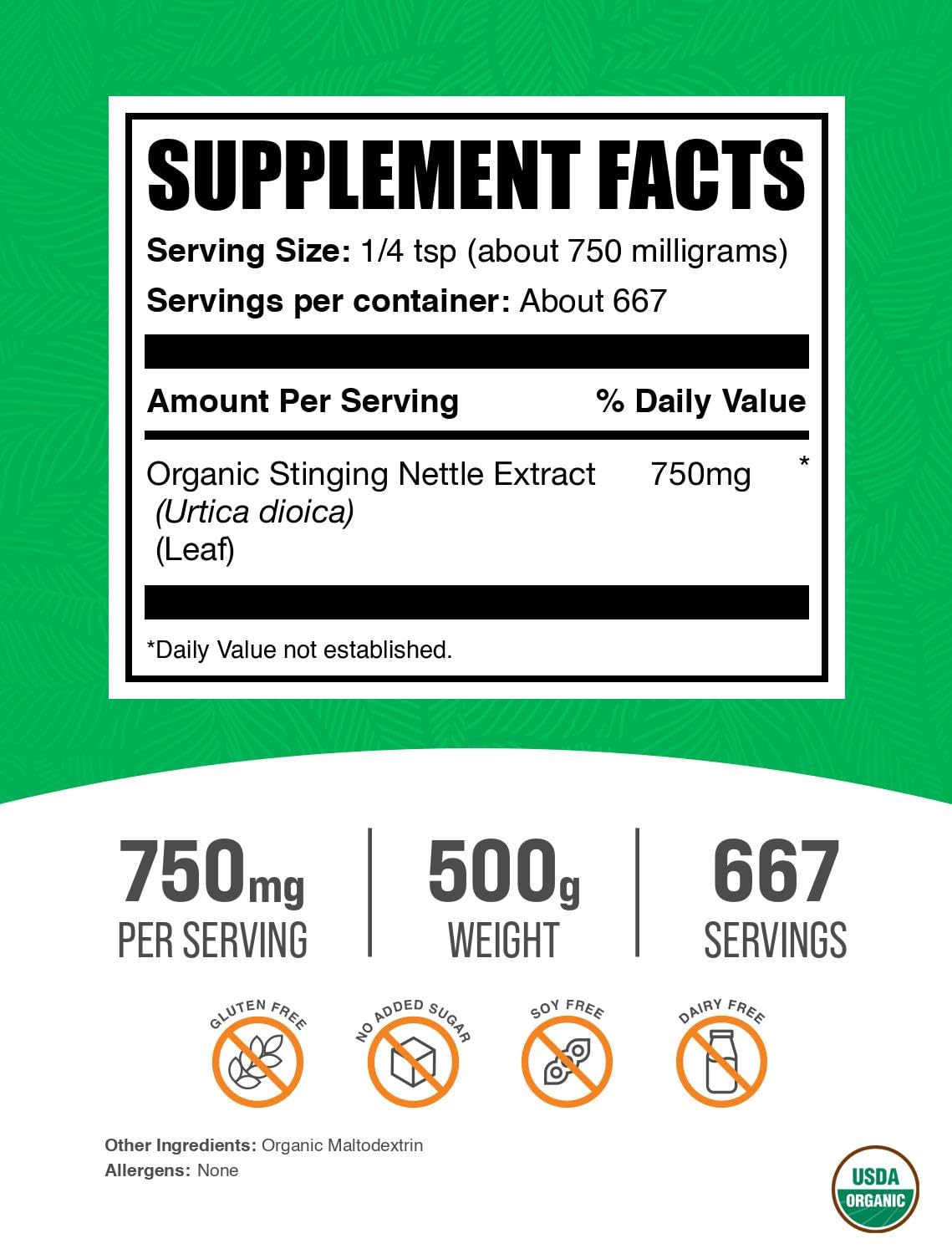 BulkSupplements Poudre d’Ortie Biologique – étiquette, traçabilité et qualité fiable.