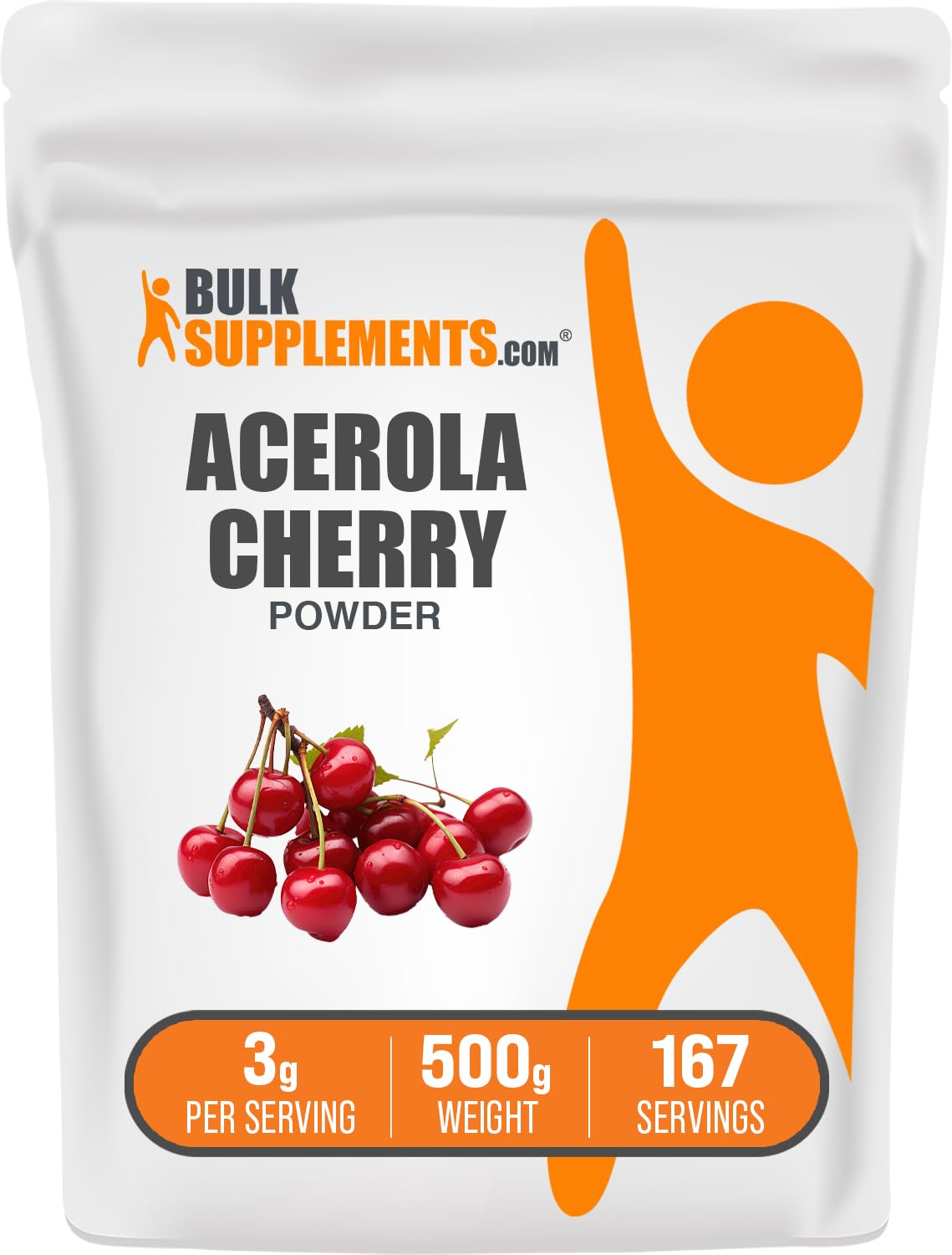 BulkSupplements Cerise d'Acérola Poudre, couleur vive, idéale pour un apport quotidien.