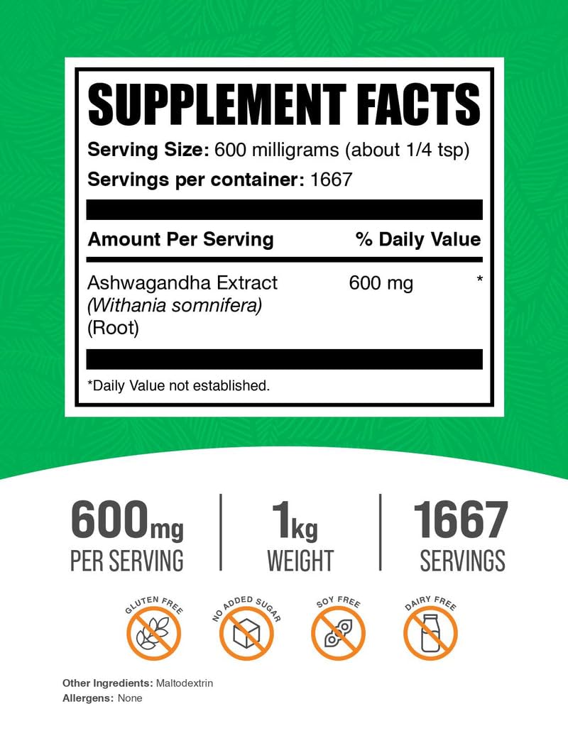 Ashwagandha BulkSupplements – poudre 1 kg, emballage pratique pour routine durable