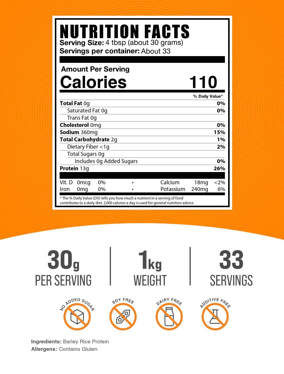 BulkSupplements Barley Rice Protein Poudre Doseur — dosage pratique pour boissons protéinées.