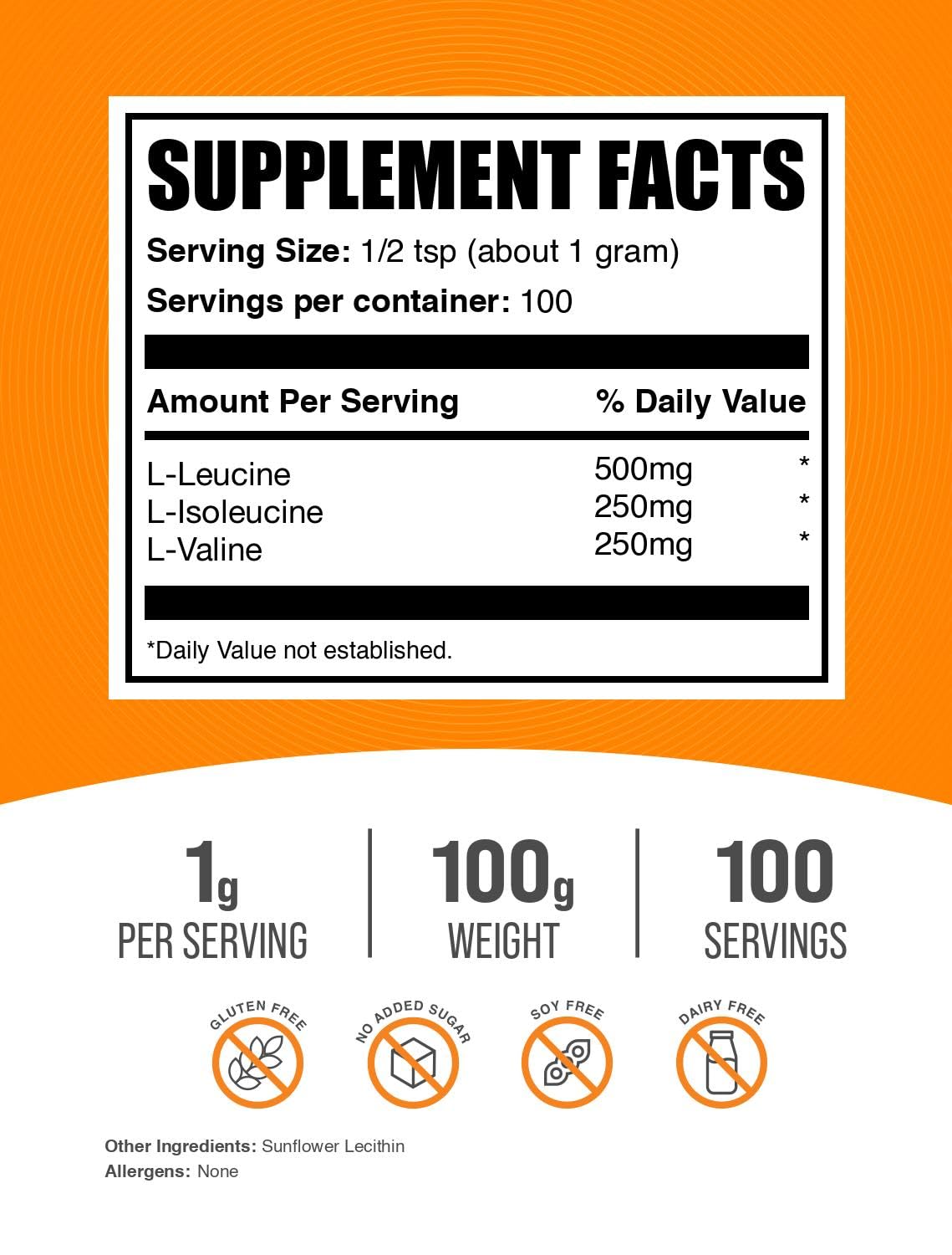 BCaa 2:1:1 poudre BulkSupplements avec verre-mesure inclus pour dosage facile.