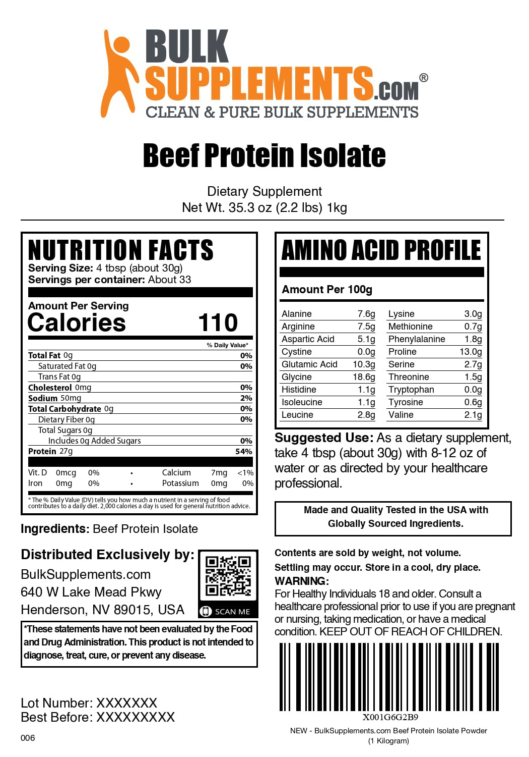Beef Protein Isolate Bulksupplements — contrôles de qualité et tests tiers indépendants.