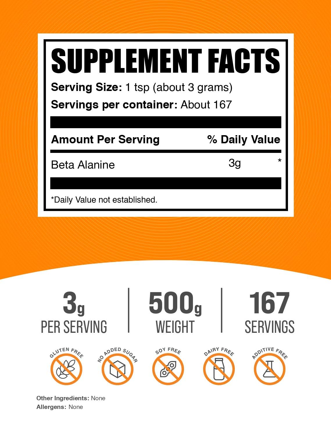 Beta Alanine BulkSupplements, dose de 3000 mg pour optimiser les efforts physiques.