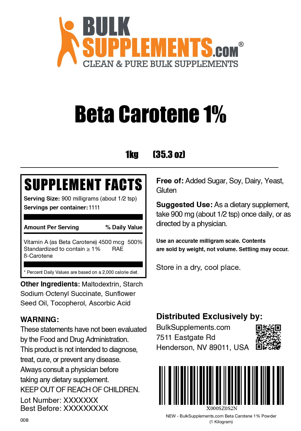 Bulksupplements Beta Carotene : pot solide et refermable préserve fraîcheur et stabilité.
