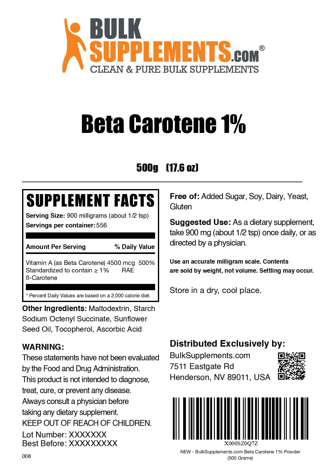 BulkSupplements Bêta-carotène Poudre, emballage pratique et sécurisé, livraison facile.