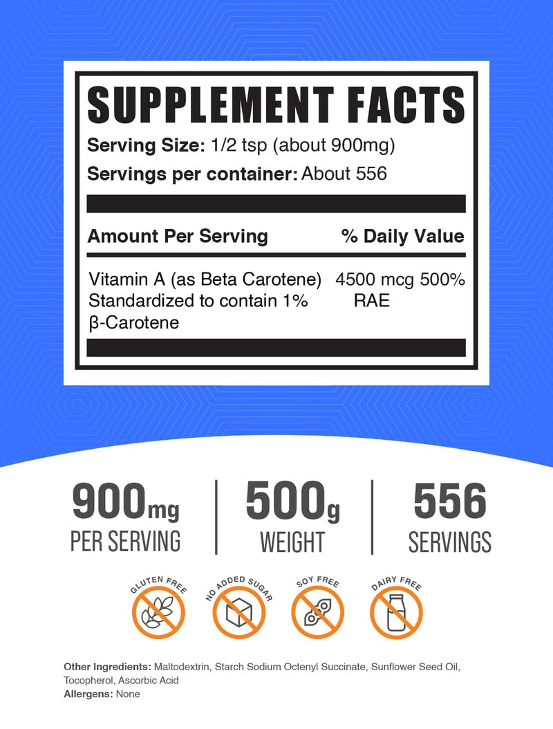 BulkSupplements Bêta-carotène Poudre, étiquette claire pour vérifier la composition et les informations.